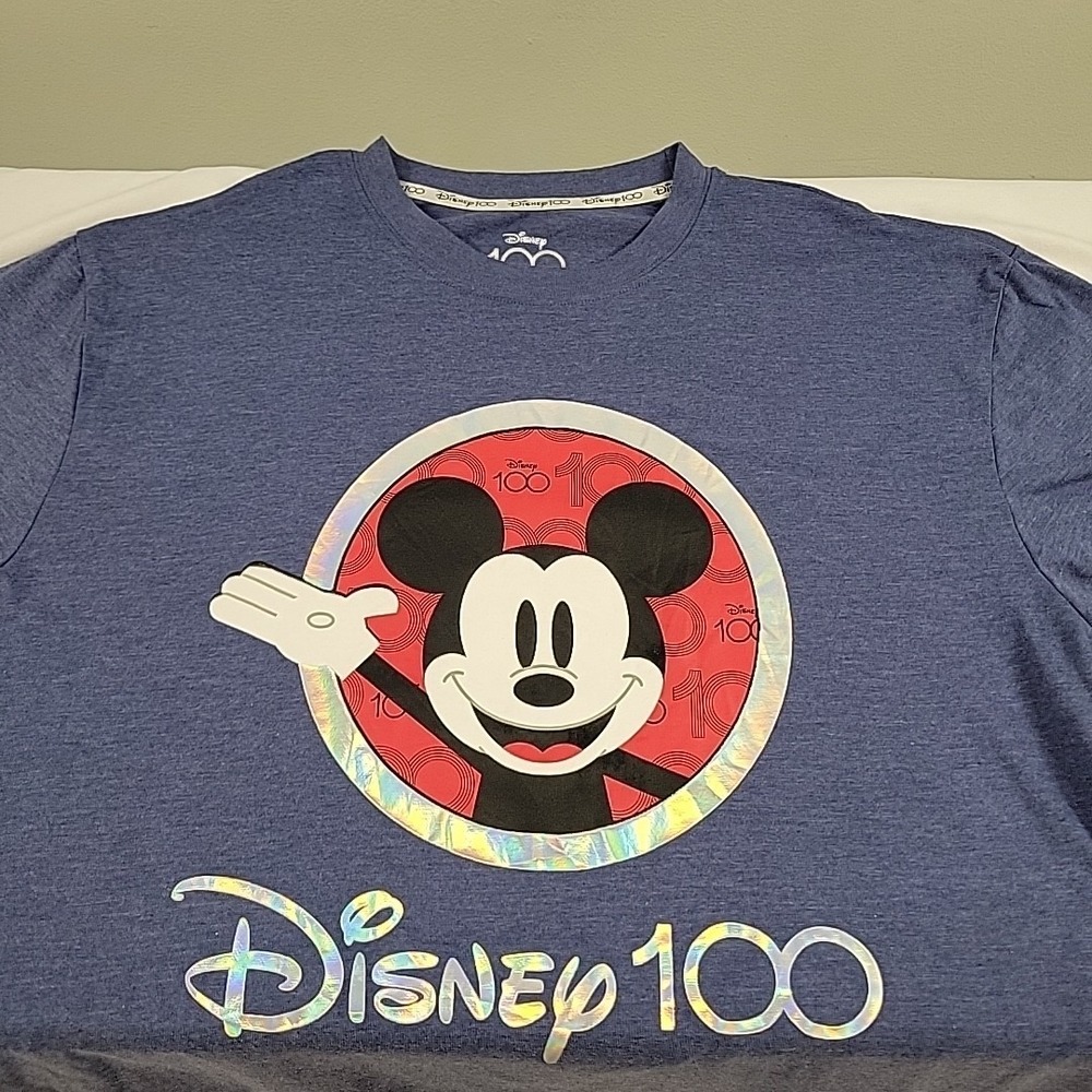 Disney Mickey Mouse T-Shirt Blue Size Large 100 Years of Wonder Holograph Design - Picture 5 of 9